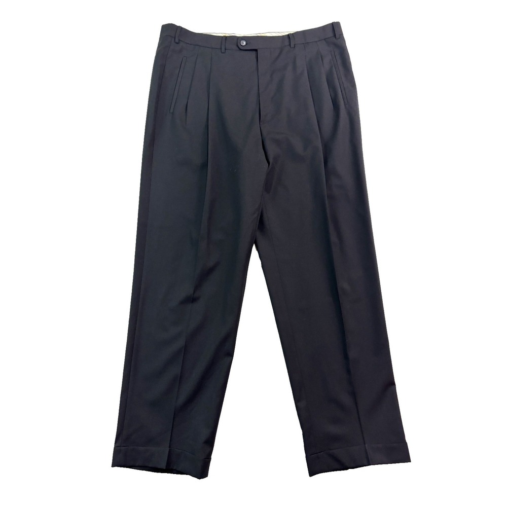 Corneliani 40x32 Black Dress Suit Pants 100% Wool Pleated Cuffed Full Cut‎